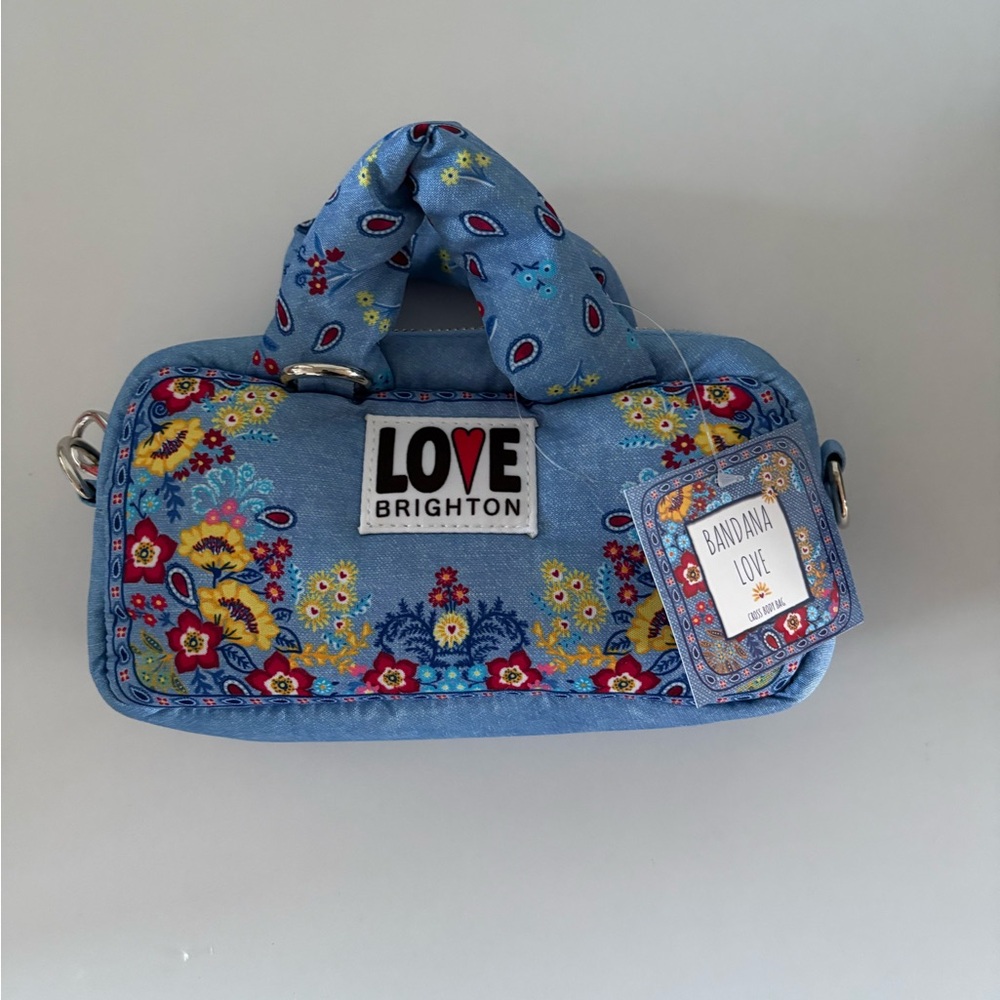 Brighton LOVE Bandana Floral Mini Crossbody Bag Blue Zip Pouch Wristlet Strap - Picture 3 of 4